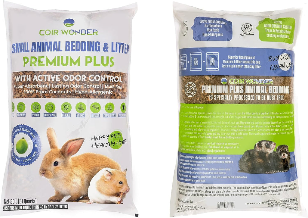 Coir Wonder Small Animal Bedding – 20 L –– Coco Chip Fiber Bedding Substrate for Guinea Pig, Hamster, Rabbit, Bunny Litter, Tortoise, Turtle, Reptile, Snake Habitat - Activated Charcoal Odor Control