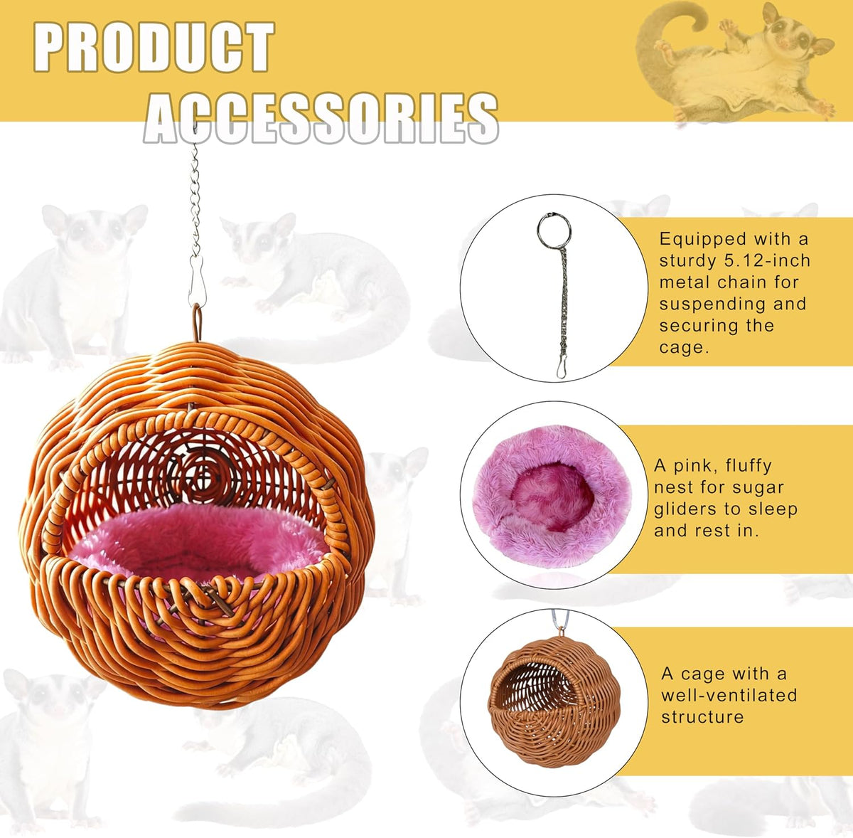 Squirrel Hammock Sugar Glider Nest - Soft Squirrel Bed Nest, Cage Accessories, Accessories for Sugar Glider Cage, Small Animal Hanging Habitat Hammock