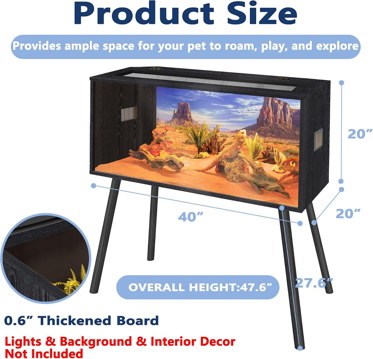 Prolee 63 Gallon Reptile Tank, Tempered Glass Bearded Dragon Tank with Wooden Roof and Lockable Doors, Large Lizard Habitat with Built-in Lamp Fixture for Snakes, Iguanas, Chameleons (Black)