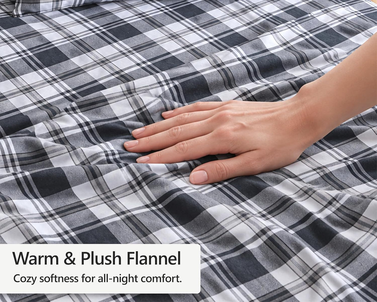 ZOYER 100% Cotton Flannel Sheets Queen Size 4 Pcs Set, Carbon Grey Plaid