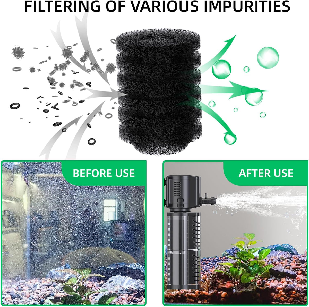 FREESEA Aquarium Fish Tank Filter: 20W 400GPH Internal Power Filter 3-Stage Filtration for 75-150 Gallon Saltwater Betta Turtle Tanks