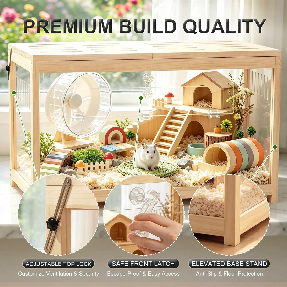 Hamster Cage with Open Top, Large Hamster Enclosure 31in, Wood