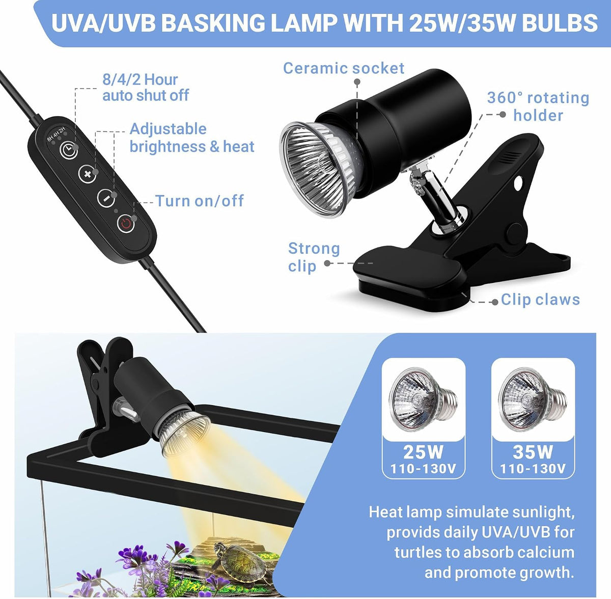 GOZILLA Mini Turtle Tank Kit with Adjustable Lamp, Upgrade PC Hermit Crab Tank, Small Turtle Starter Kit with Lid, Resin Hideout for Baby Turtles and Crabs (11.8×7.24×7.1''/Black Kit)