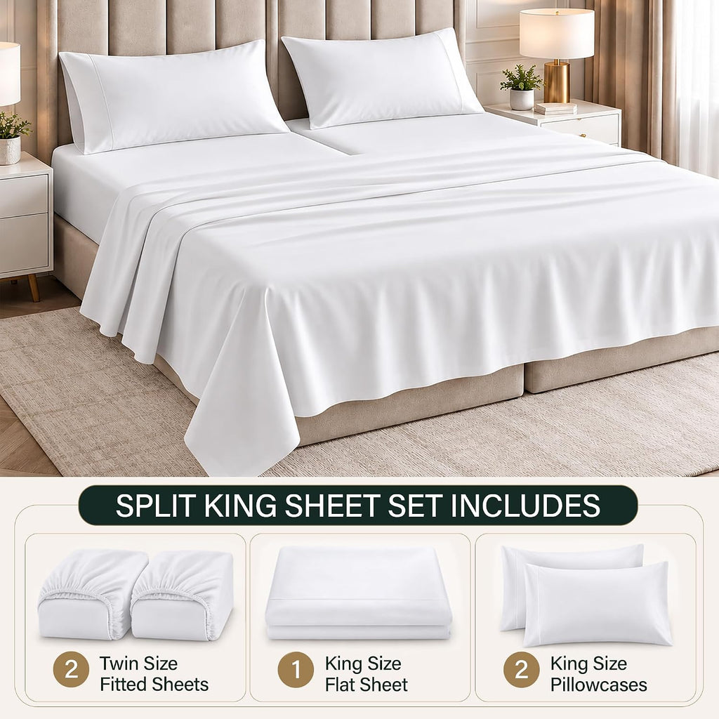 Feather & Stitch 100% Cotton Sateen 500 TC Split King Size Bed Sheet Set