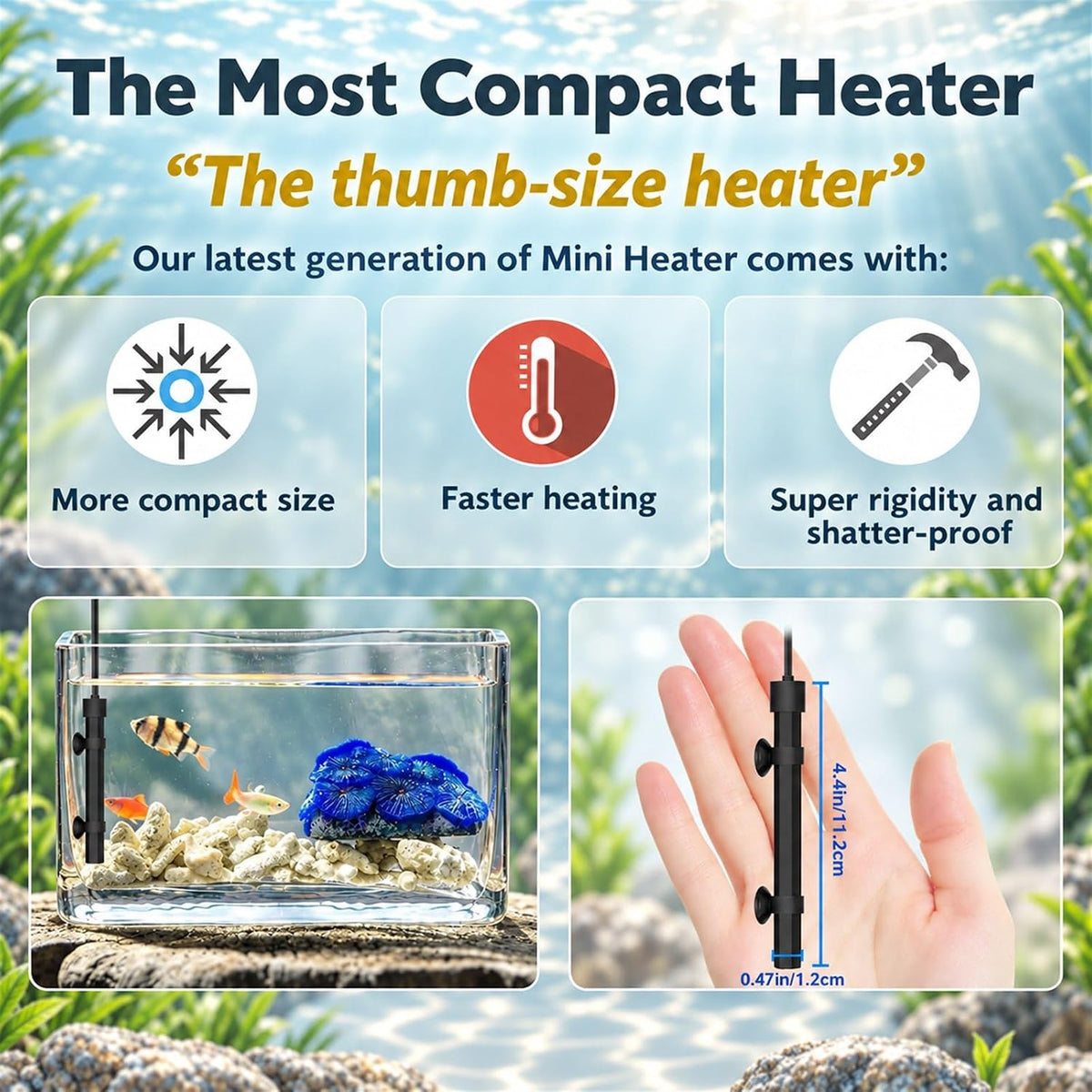 50W Alumina Ceramic Mini Aquarium Heater Betta Heater for 5-10 Gal Tanks