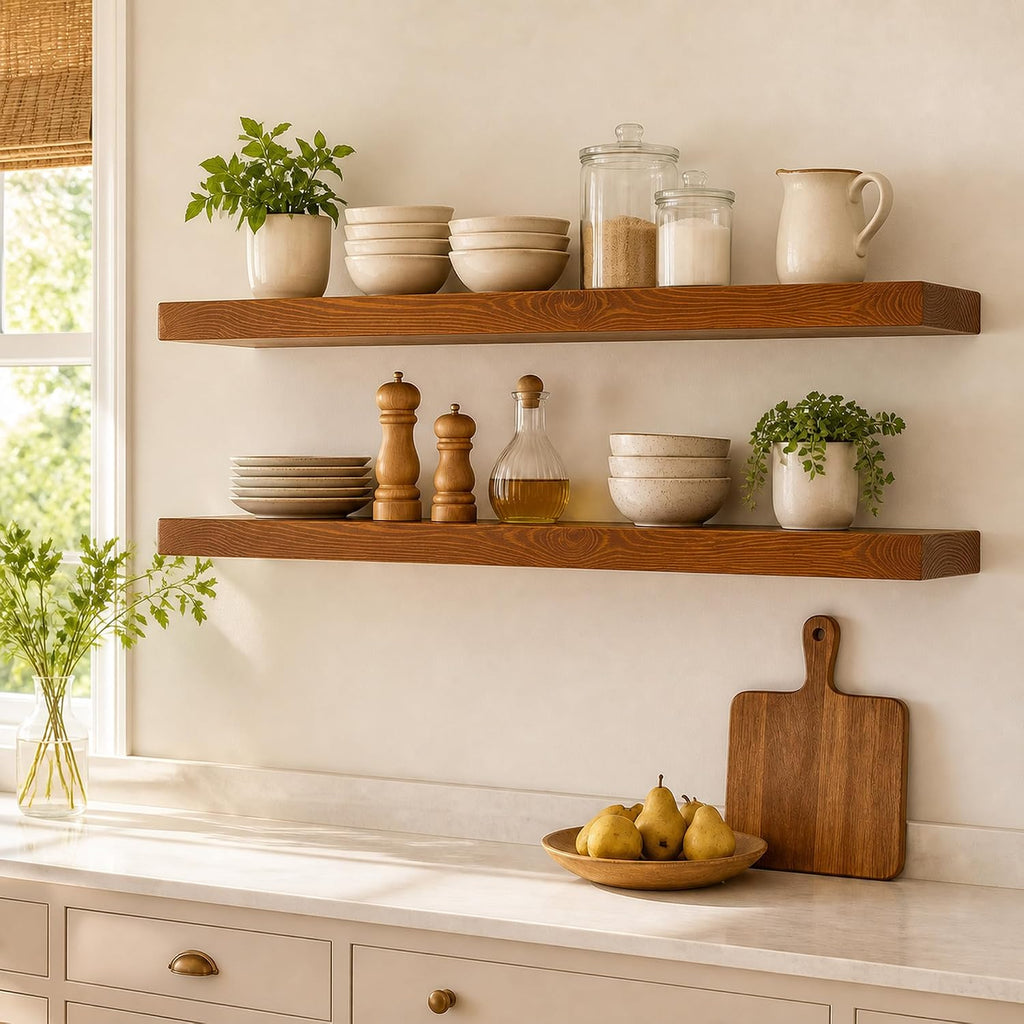 foxsky 16 Inch Walnut Floating Shelves for Wall, Solid Wood Bathroom Shelf