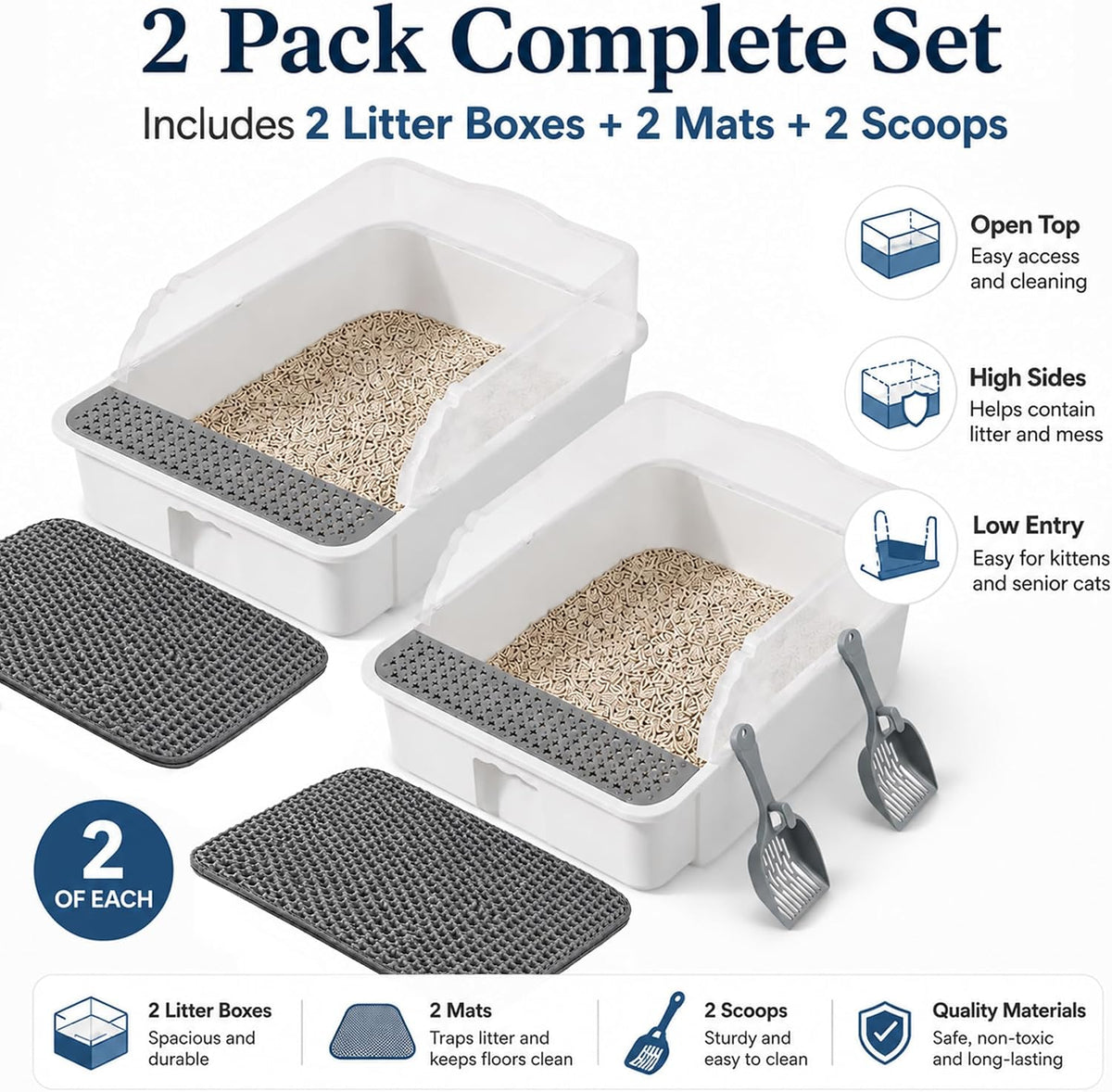 2 Pack Small Cat Litter Box with Mat & Scoop, Open Top High Sides