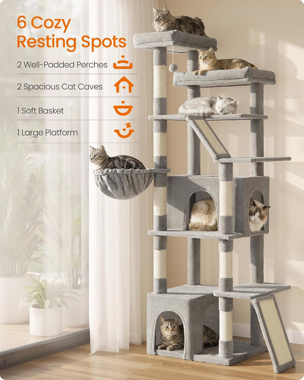 Feandrea Large Cat Tree, 72.6" Tall Sturdy Cat Tower for Indoor, Dove Gray
