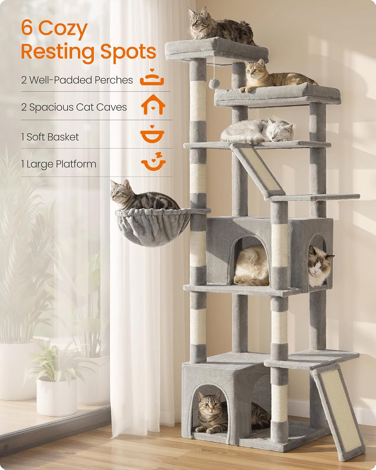 Feandrea Large Cat Tree, 72.6" Tall Sturdy Cat Tower for Indoor, Dove Gray