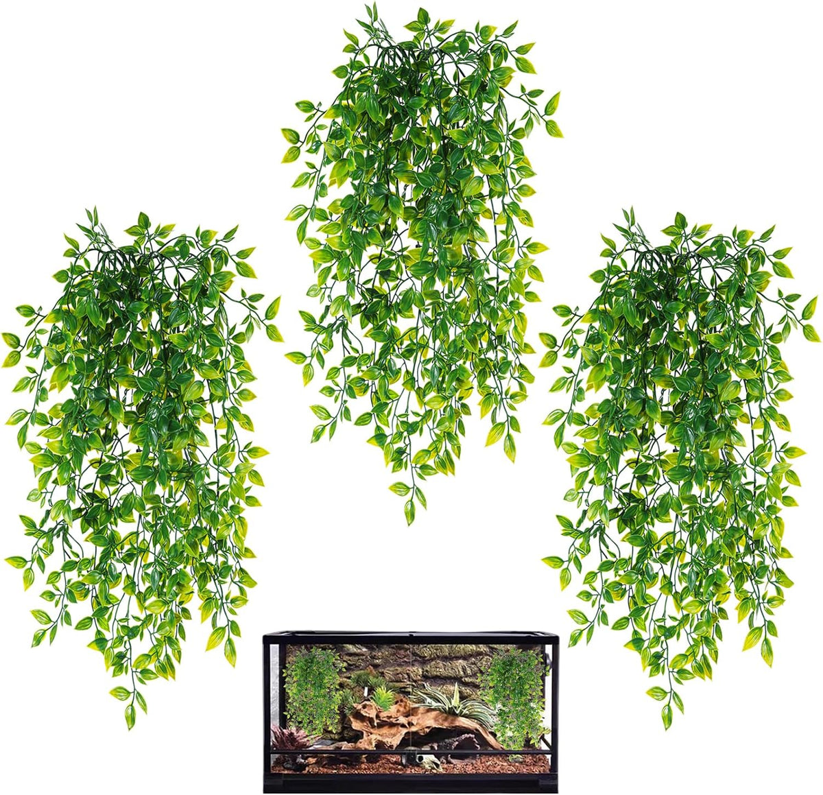 HERCOCCI Reptile Plants, 4 Pack Terrarium Hanging Plants Vines Artificial Leaves Habitat Decorations with Suction Cup for Bearded Dragon Hermit Crab Lizard Snake Geckos Chameleon