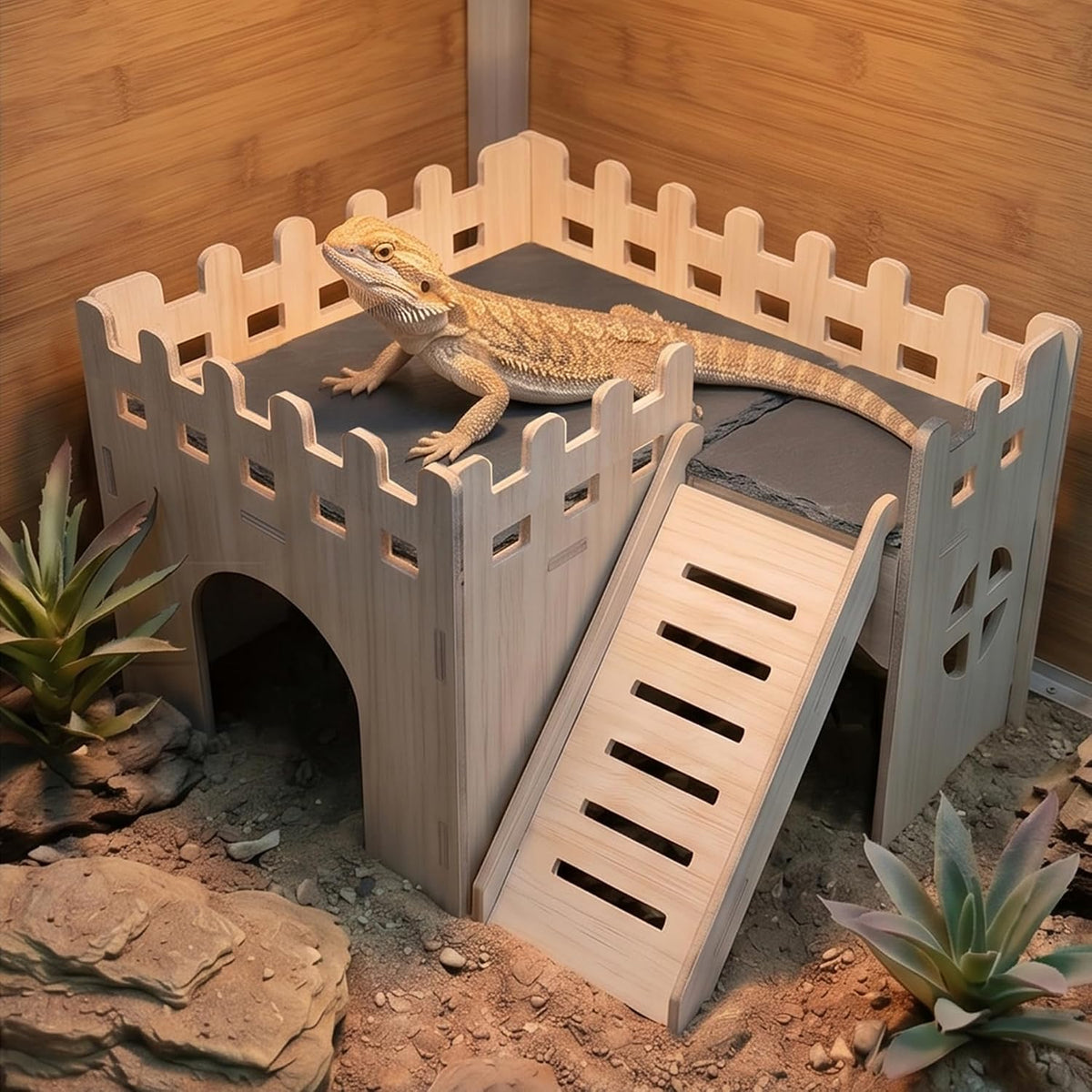 Bearded Dragon Hide Cave Basking Platform - with Climbing Ramp,Wooden Lizard Hideout Accessories Terrarium Decor, Reptile Basking Platform Accessories for Bearded Dragons, Geckos, Snakes & Turtles