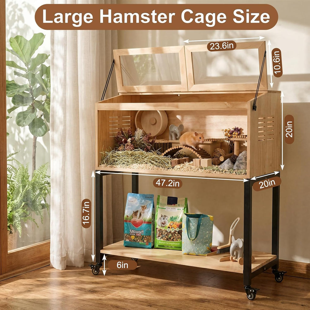 Wooden Hamster Cage with Storage Shelf, Large Hamster Cage, Pine, Guinea Pig Cages, 47.0" L x 20.0" W x 42.0" H Small Animal Cages with Stand & Wheels for Guinea Pig, Chinchilla, Rat, Bunny, etc.