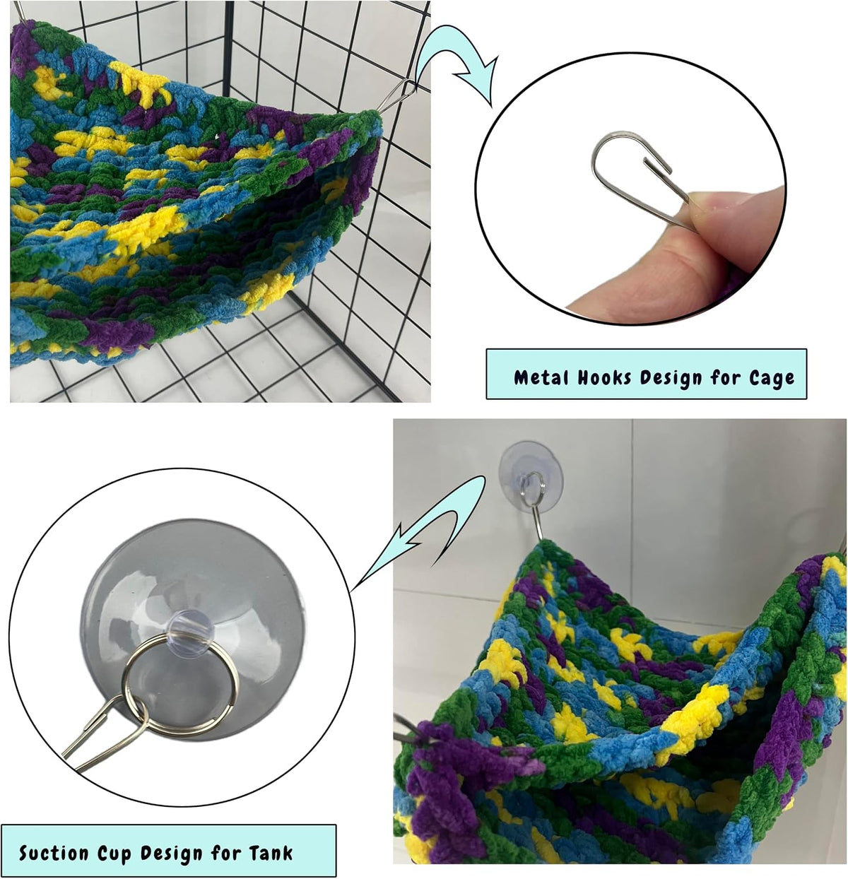 Reptile Hammock, Soft Double-Layered Bearded Dragon Hammock Swing Hanging Bed with Strong Suction Cups & Metal Hooks, Large Chameleon Lounger, Rat Bird Cage Hanging Bed,Gecko Tank Accessories
