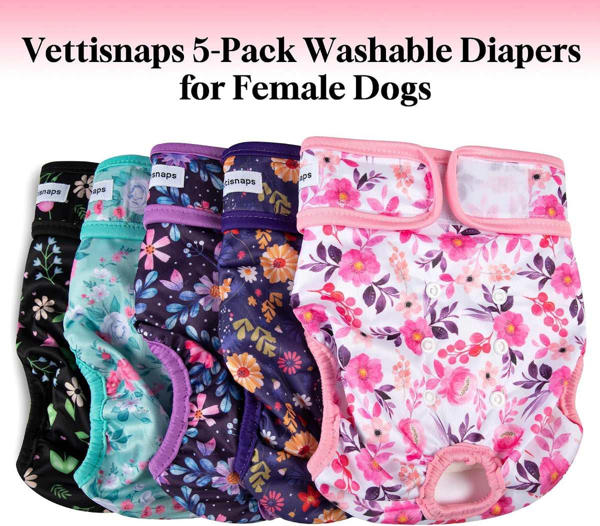 Dog Diapers Female 5 Pack - High Absorbent Diaper for Dog Incontinence - Reusable Diapers with Adjustable Hook & Loop for Doggie & Puppy in Heat,Pink Flowers L