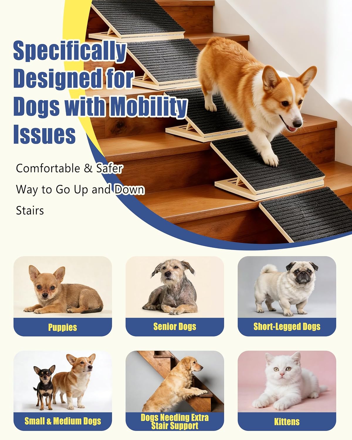 Dog Ramp for Stairs, 2 Pack Wooden Dog Stair Ramps for Small Dogs Only, Foldable Non-Slip Pet Ramp for Indoor Stairs, Adjustable Step Support for Senior, Short-Legged & Small Pets