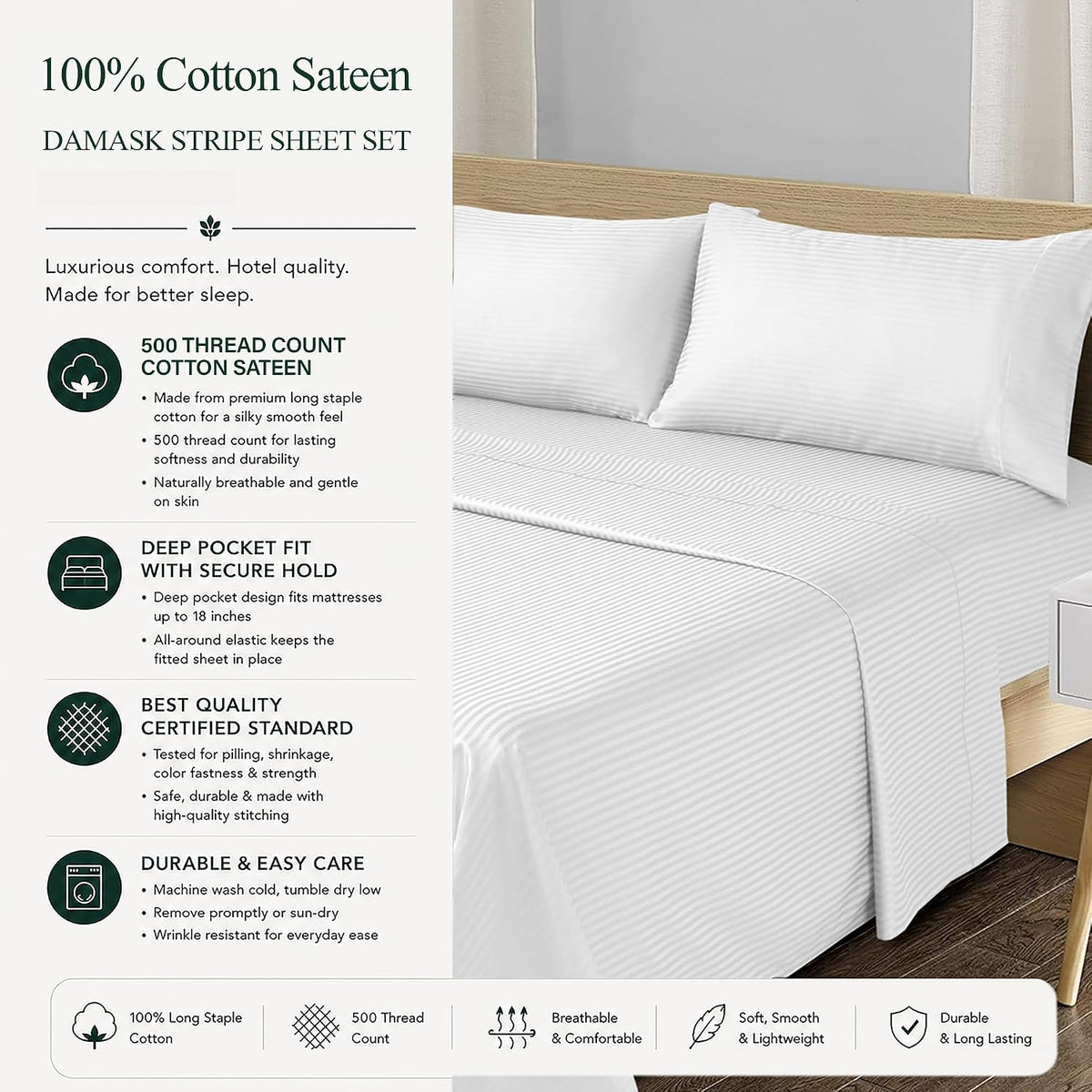 Feather & Stitch 100% Cotton Sateen 500 TC Split King Size Bed Sheet Set