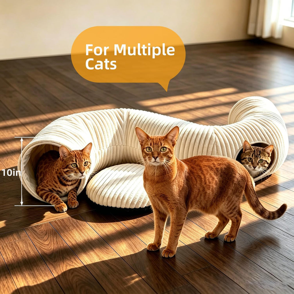 Cat Tunnel Bed with 30 Pcs Interactive Cat Toys, Cat Tube with Kitten Toys for Indoor Kittens, Collapsible Play Tunnel, White