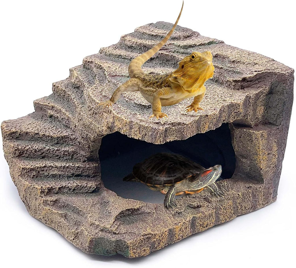 kathson Small Turtles Basking Platform,Resin Reptile Hideouts Cave Habitat Decor,Tortoise Hide Cave with Climbing Ramp Step,Bearded Dragons Hide Basking Rocks Accessories for Lizard,Gecko,Frog