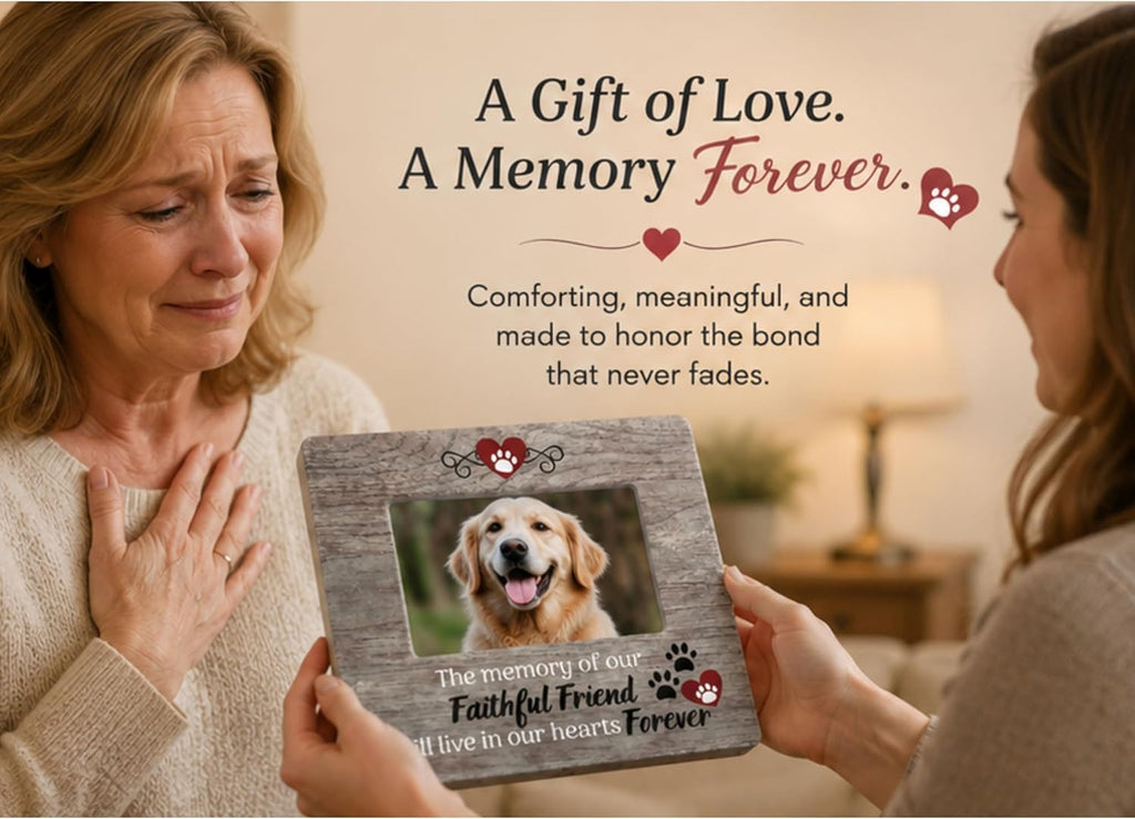 Dog Memorial Picture Frame for Loss of Pet – Pawprints & Hearts Pet Remembrance Frame - Sympathy Quote – “The Memory of Our Faithful Friend Will Live in Our Hearts Forever” – 4x6 Photo - 7.25 x 8 Inch