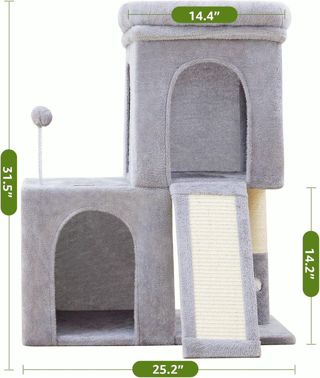 Woochpet 32inch Tall Cat Tree with 2 cat condo for Adult Cats Cozy Cat Tower with Scratching Post and Scrather Board for Cats of Different Ages.（Light Grey）