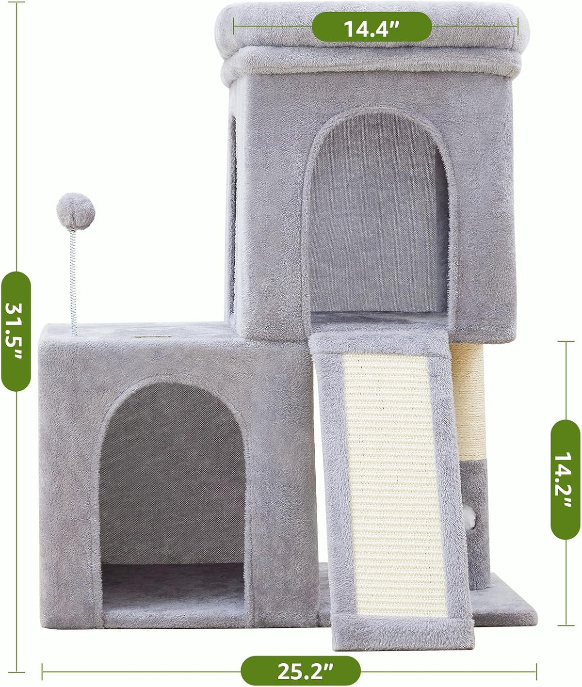 Woochpet 32inch Tall Cat Tree with 2 cat condo for Adult Cats Cozy Cat Tower with Scratching Post and Scrather Board for Cats of Different Ages.（Light Grey）
