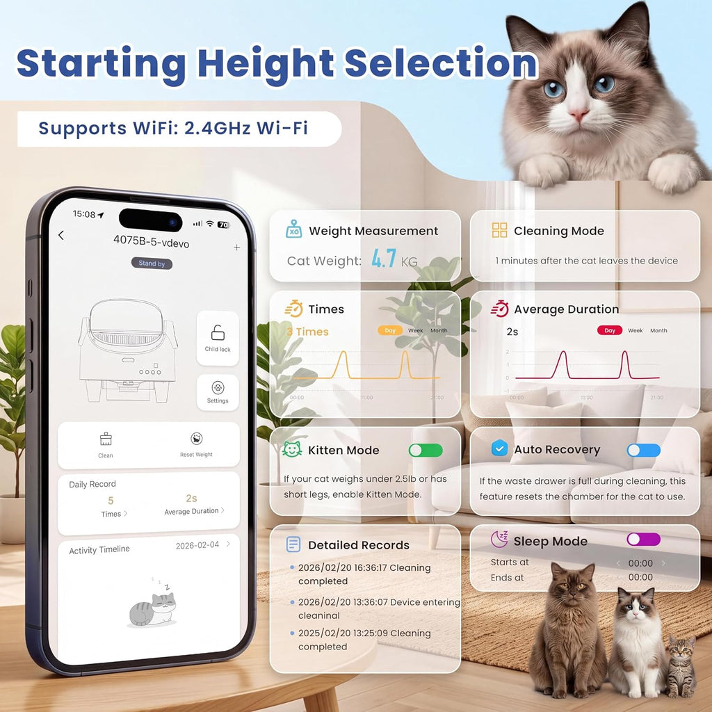 Automatic Cat Litter Box, Self-Cleaning Cat Litter Box with Open-Top Design, 15-Layer Safety Protection & Smart App Control, Adjustable Entry Height, Large Capacity Sealed Waste Bin for Multi-Cats