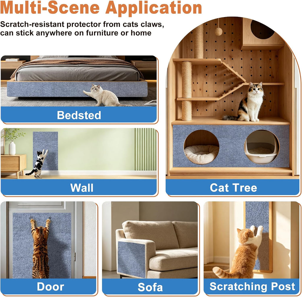 Self-Adhesive Cat Scratching Mat, Trimmable Cat Scratcher Carpet Furniture Protector Pads for Sofa, Door, Cat Climbing Wall Scratch Mat, Couch Guards Pad from Cats Claws, 6PCS 11.8*11.8" (Light Grey)