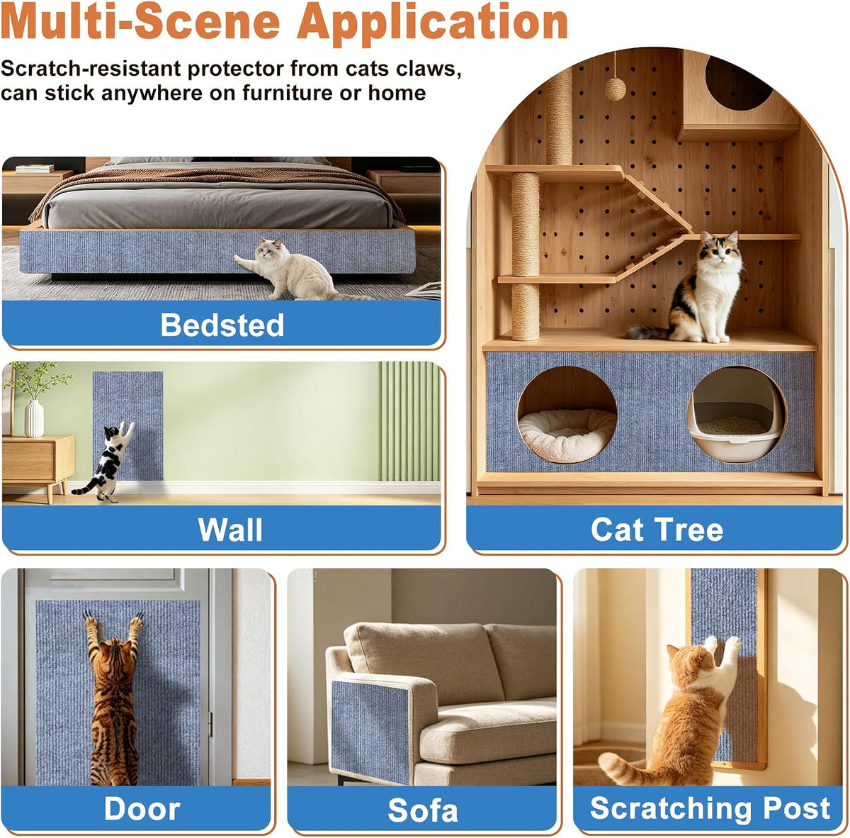 Self-Adhesive Cat Scratching Mat, Trimmable Cat Scratcher Carpet Furniture Protector Pads for Sofa, Door, Cat Climbing Wall Scratch Mat, Couch Guards Pad from Cats Claws, 6PCS 11.8*11.8" (Light Grey)