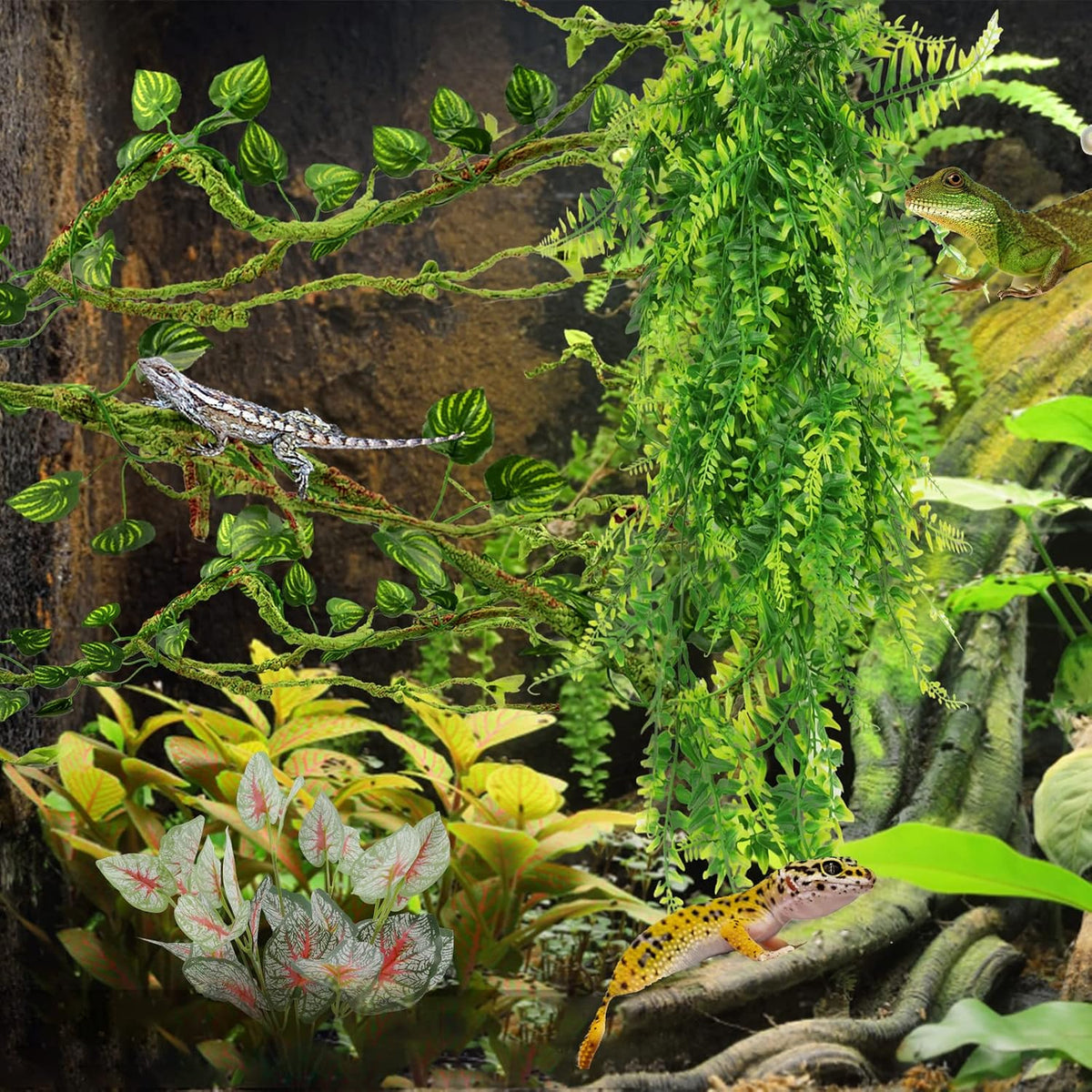 Reptile Plants, Terrarium Hanging Plant Vines Artificial Leaves Reptile Hide, Leopard Gecko Tank Accessories, Terrarium Decorations for Bearded Dragon Lizard Snake Geckos Chameleon