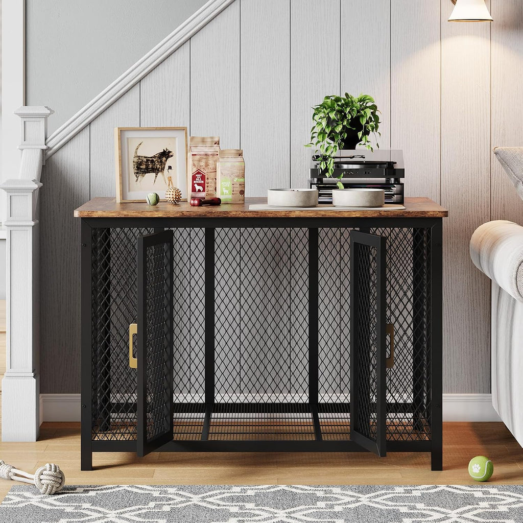 Dog Crate Furniture for Large Dogs, 48'' Flip Wooden Dog Kennel Indoor with 2 Doors, Latches, Heavy Duty Metal Dog Cage End Table, Farmhouse Dog Furniture for Large Medium Small Dogs, Brown
