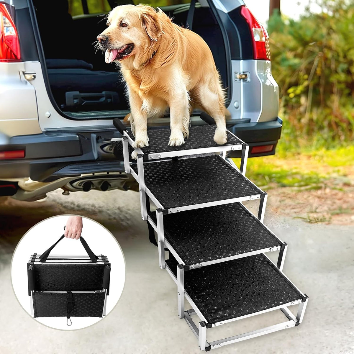 Foldable Dog Stairs with Non-Slip Surface - Portable Aluminum Dog Steps for Trucks, SUVs & Cars - 4 Steps