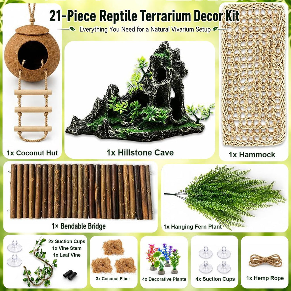 21Pcs Reptile Tank Accessories Kit, Terrarium Decor for Bearded Dragon & Gecko