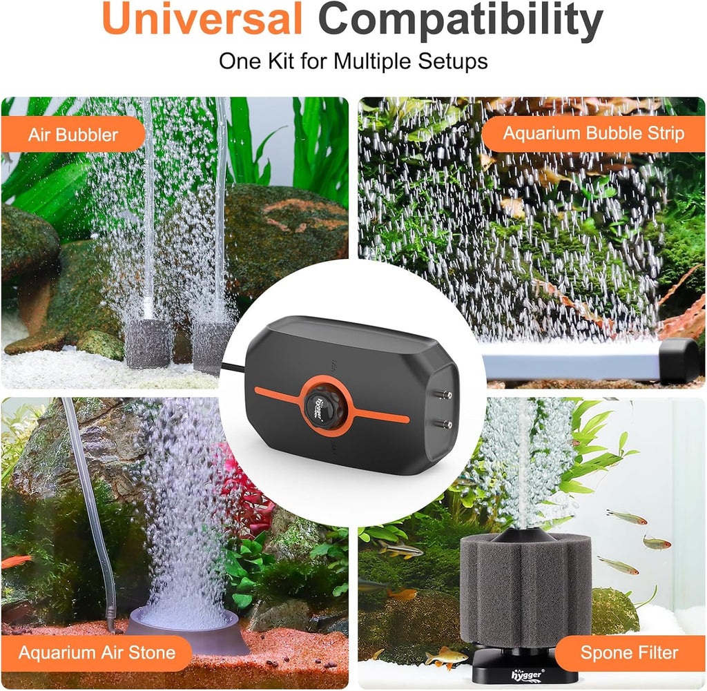 hygger Ultra Quiet Aquarium Air Pump, 2W Fish Tank Air Pump with Accessories, Powerful Oxygen Aerator Pump with Air Stone,Check Valve, Air Tube, Aquarium Bubbler for 1-20 Gallon Fish Tank, Hydroponic