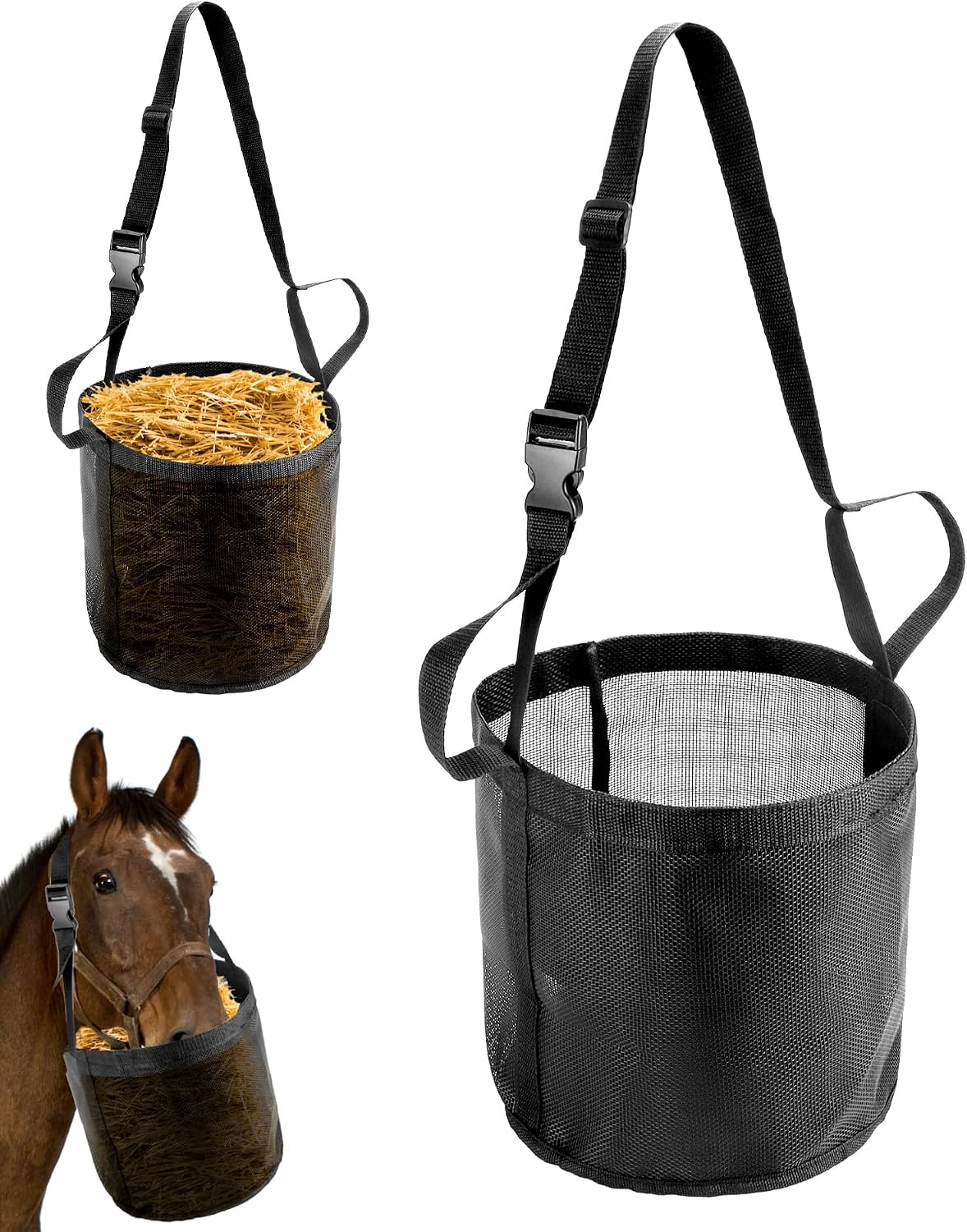 QWORK 2 Pack Horse Feed Bag for Grain - Durable Mesh Grain Feeder with Adjustable Strap, Comfortable Neck and Nose Pad Horse Muzzle Feed Bag, for Feeding Grain, Powder, Supplements
