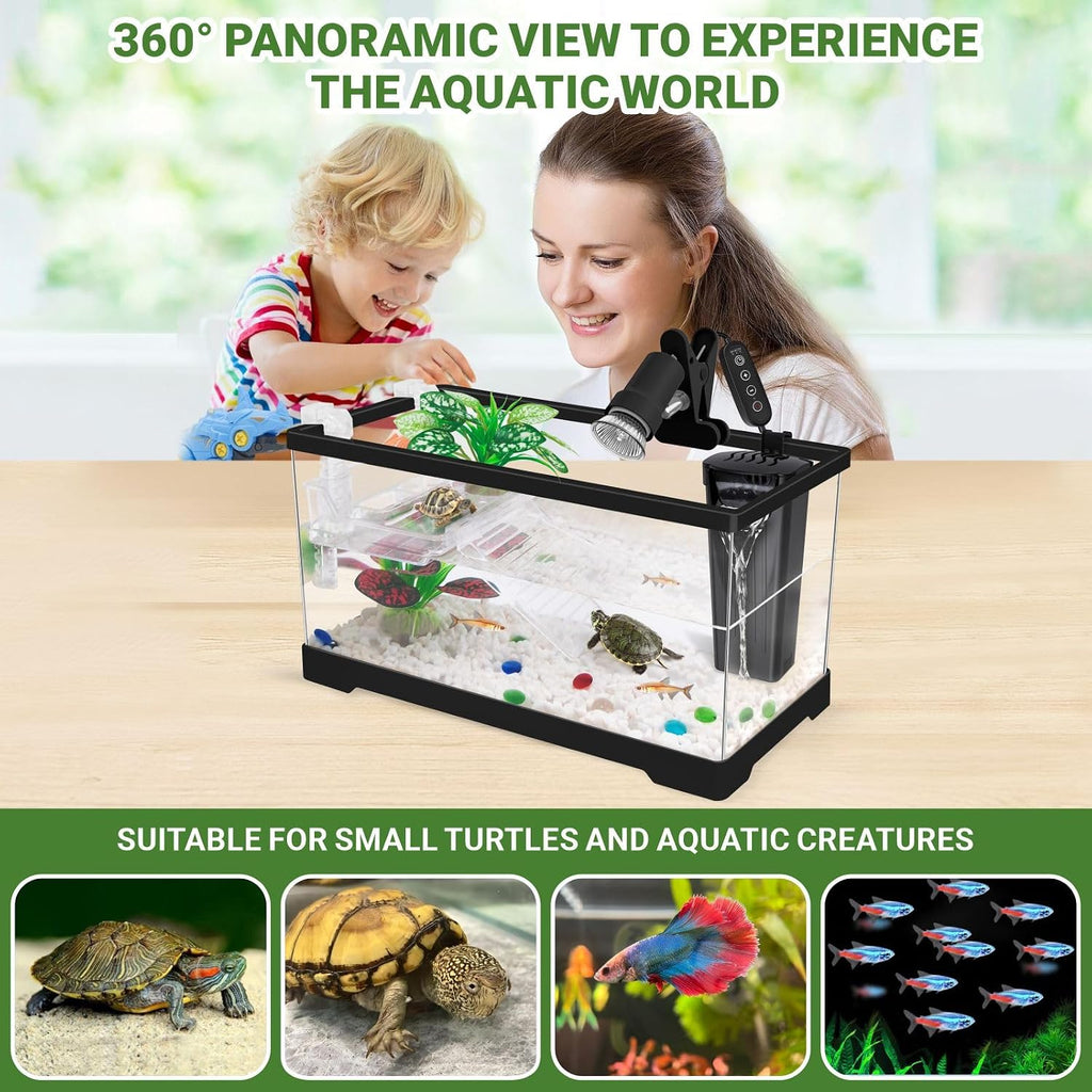 GOZILLA Aquatic Turtle Tank Kit+Lamp+Filter, Upgrade PC Turtle Tank Starter Kit with Adjustable Lamp & Filter,Reptile Habitat with Lid,Hanging Platform for Small Reptiles.(15.75×7.9×9''/Black Kit)
