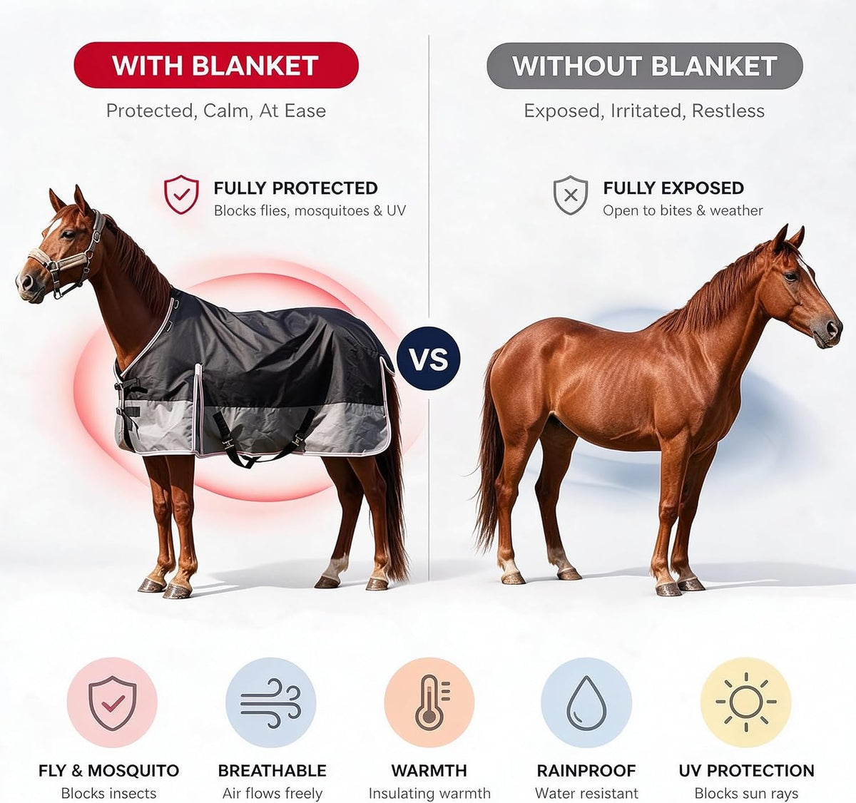 Equoray Horse Rug Fly Sheet Waterproof Rainproof Mosquito Repellent Breathable Turnout Blanket for Horses Spring or Mild Weather Use, Black