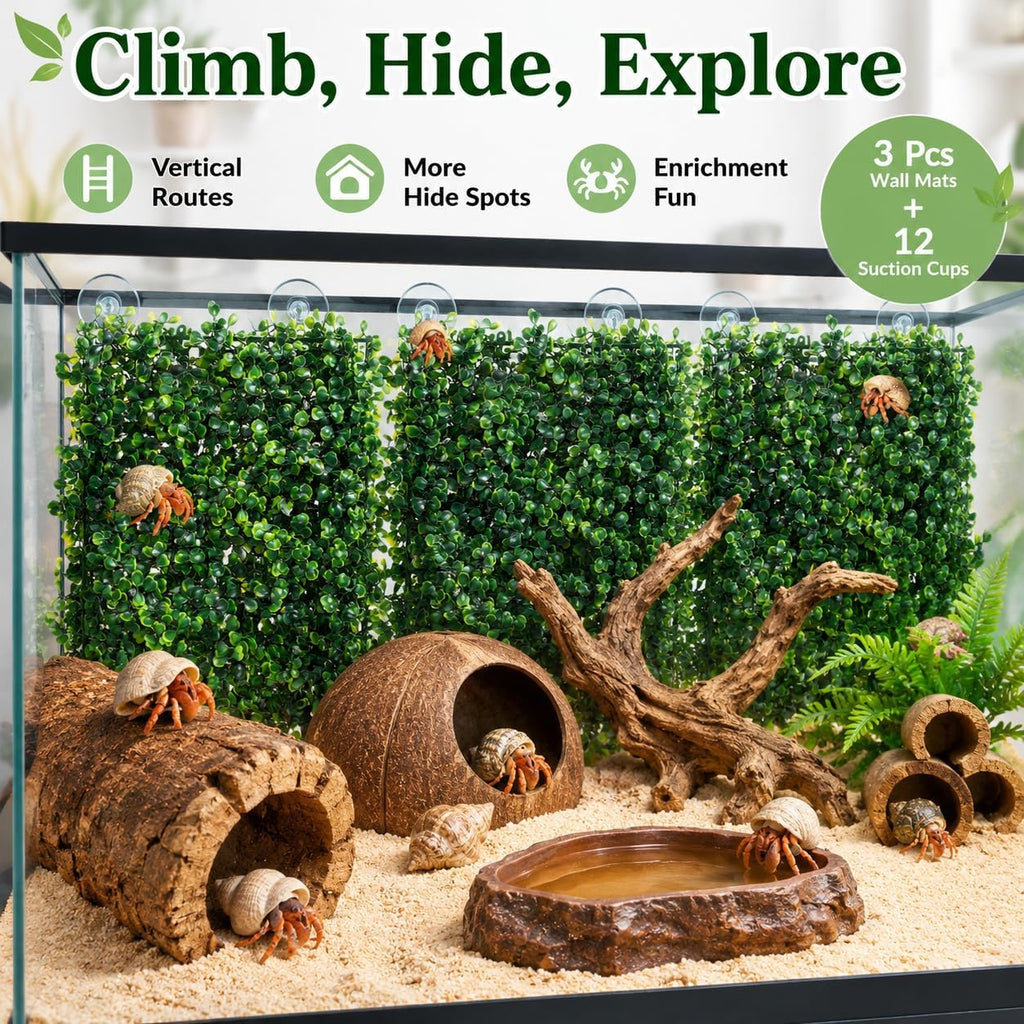 OMISTAR 3PCS Hermit Crab Climbing Wall Toys, 9.84 × 9.84 in Faux Grass Mat Aquarium Decor with Suction Cups, Plastic Reptile Climbing & Hide Plants for Gecko Lizard Turtle Betta