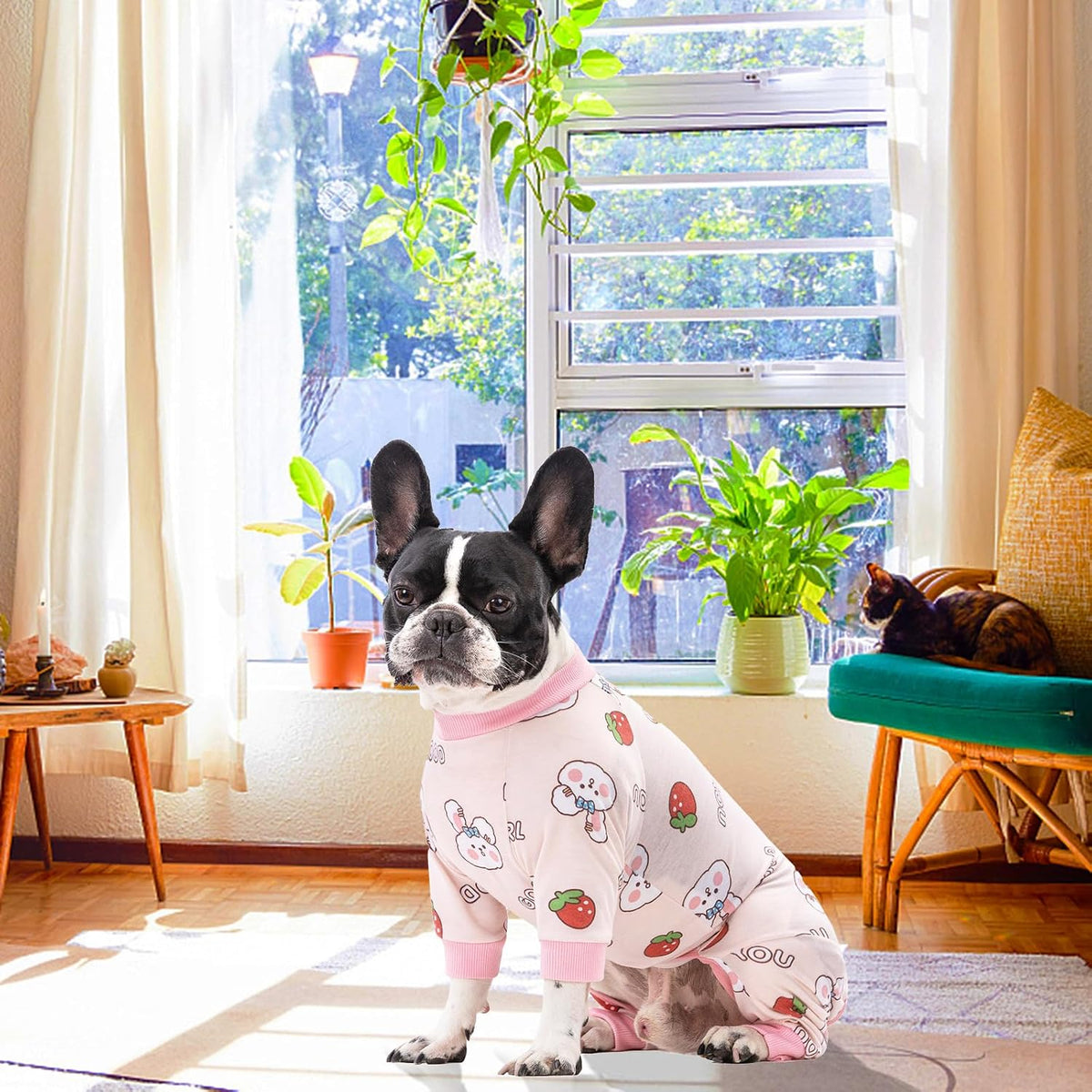 Dog Recovery Suit for Surgery - Soft Onesie, Cute Pajamas Bodysuit, Cone Alternative - Prevent Licking - Female/Male (Small, Bunny Strawberry)