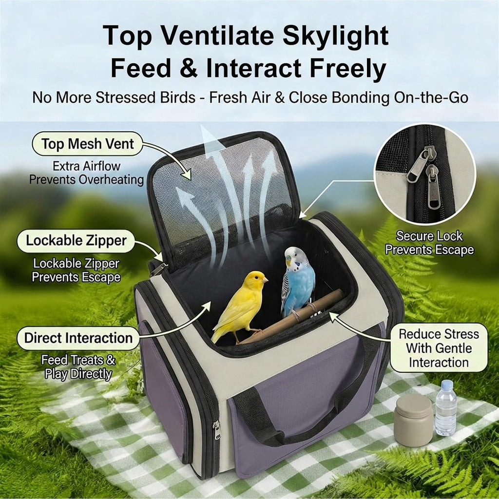 Bird Carrier Backpack, Breathable 3-Side Metal Mesh Bird Cage with Skylight, Large Opening Portable Travel Pet Cage for Parrot, Parakeet, Wildbird,Gray,Luxury