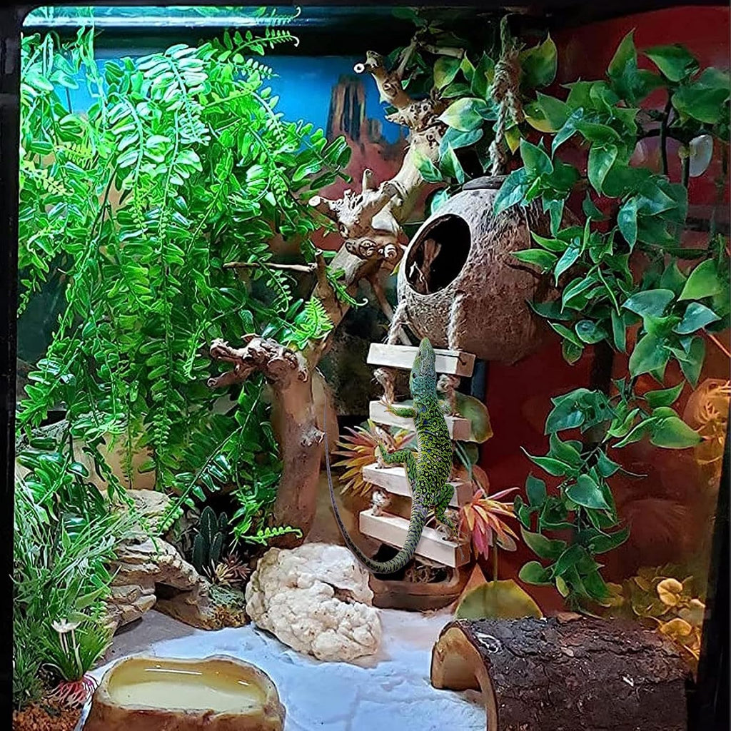6PCS Crested Gecko Coconut Hut, Lizard Coco Den with Ladder and Reptile Hammock Bearded Dragon Tank Accessories Climbing Hanging Plants Jungle Vine Flexible Reptile Leaves Decor