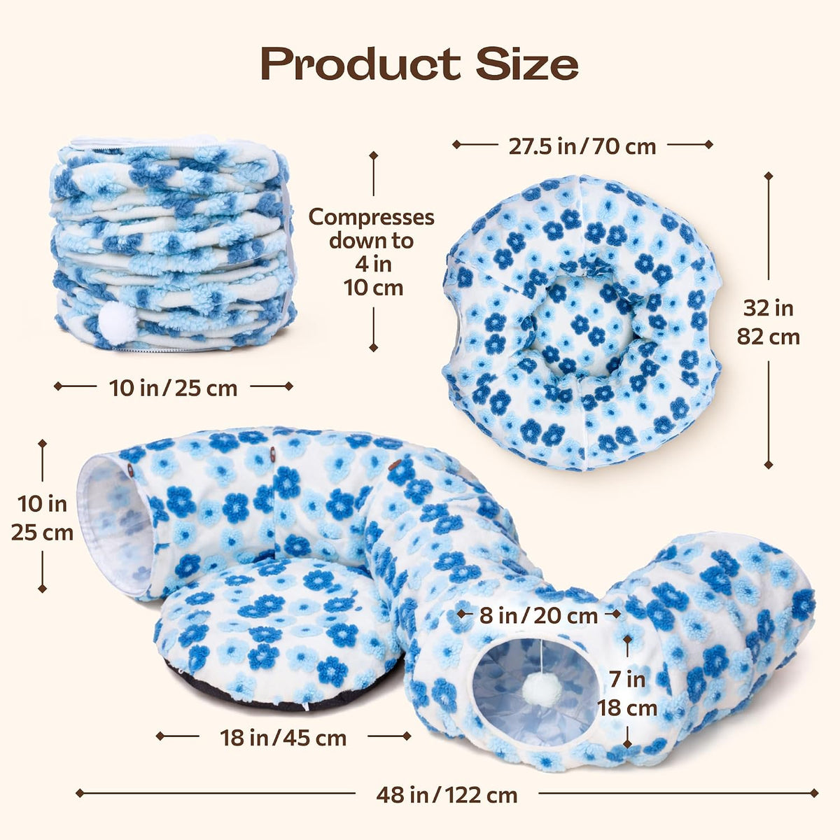 Meowfia Indoor Cat Tunnel with Donut Bed - Large Flexible Play Space for Multiple Pets - Circle or Snake Shape, Cozy Lounge (Blue Blossom)