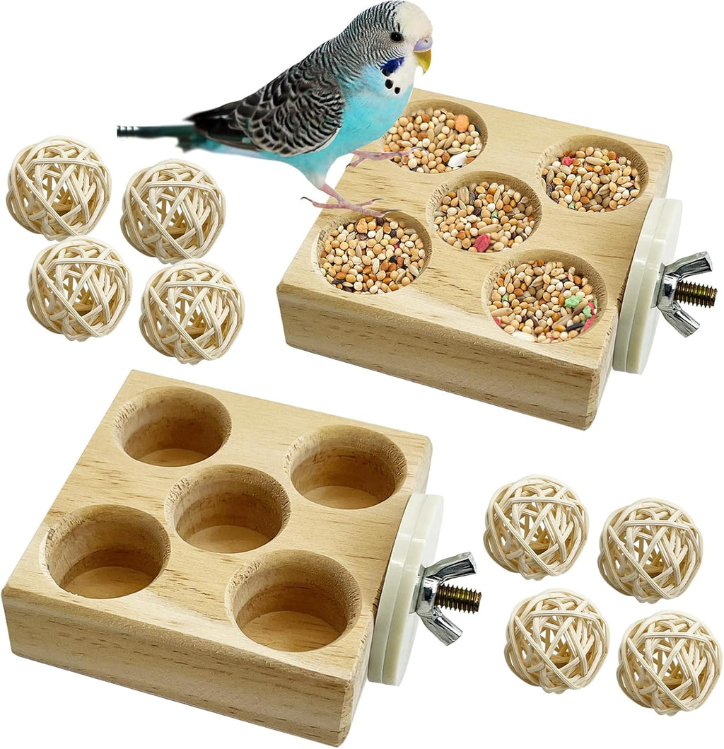 2 Pack Wooden Foraging Bird Toys - Interactive Slow Feeder Enrichment for Conures, Budgies and Lovebirds | Cage Climbing Puzzle Toys for Small Parrots Promoting Natural Pecking Behavior