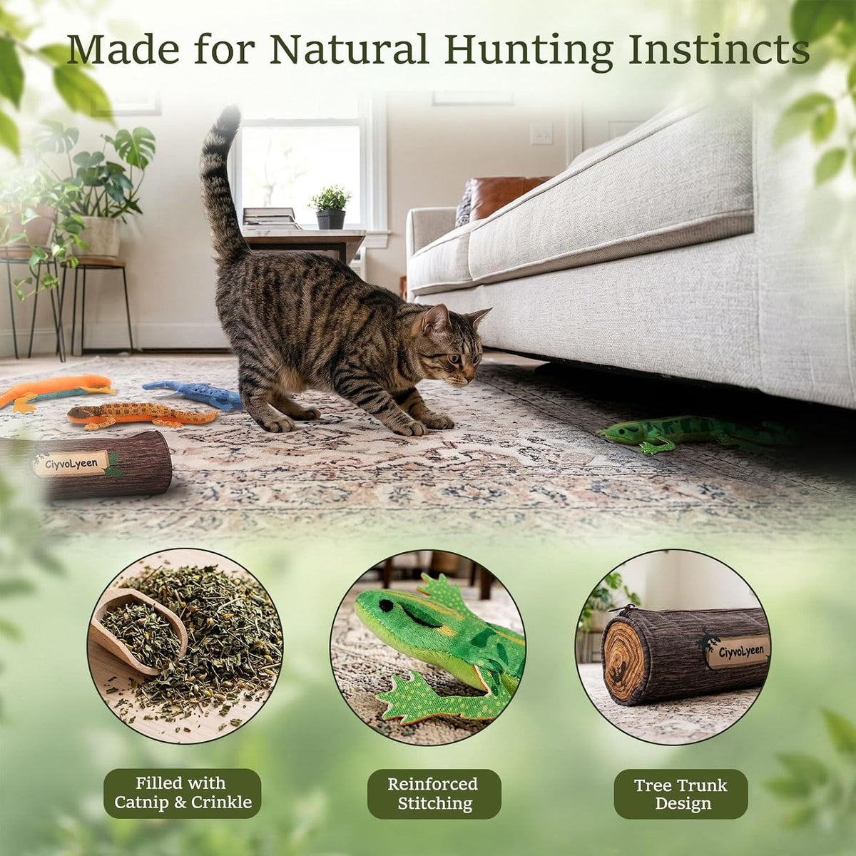 Plush Lizard Catnip Toys with Tree Trunk-shaped Pouch 5 Pack