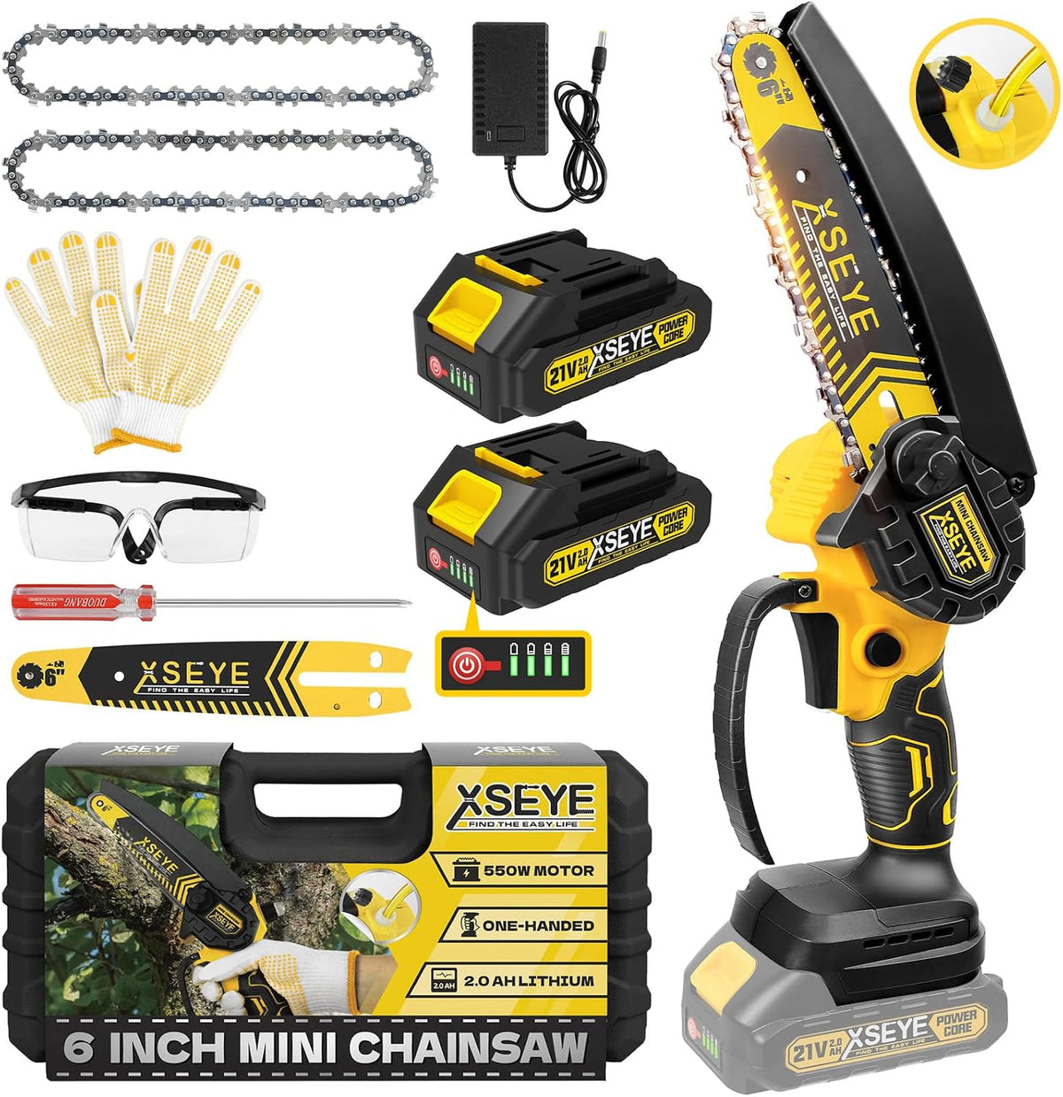 XSEYE 6-Inch Mini Chainsaw Cordless, Handheld Electric Saw with 2 Batteries