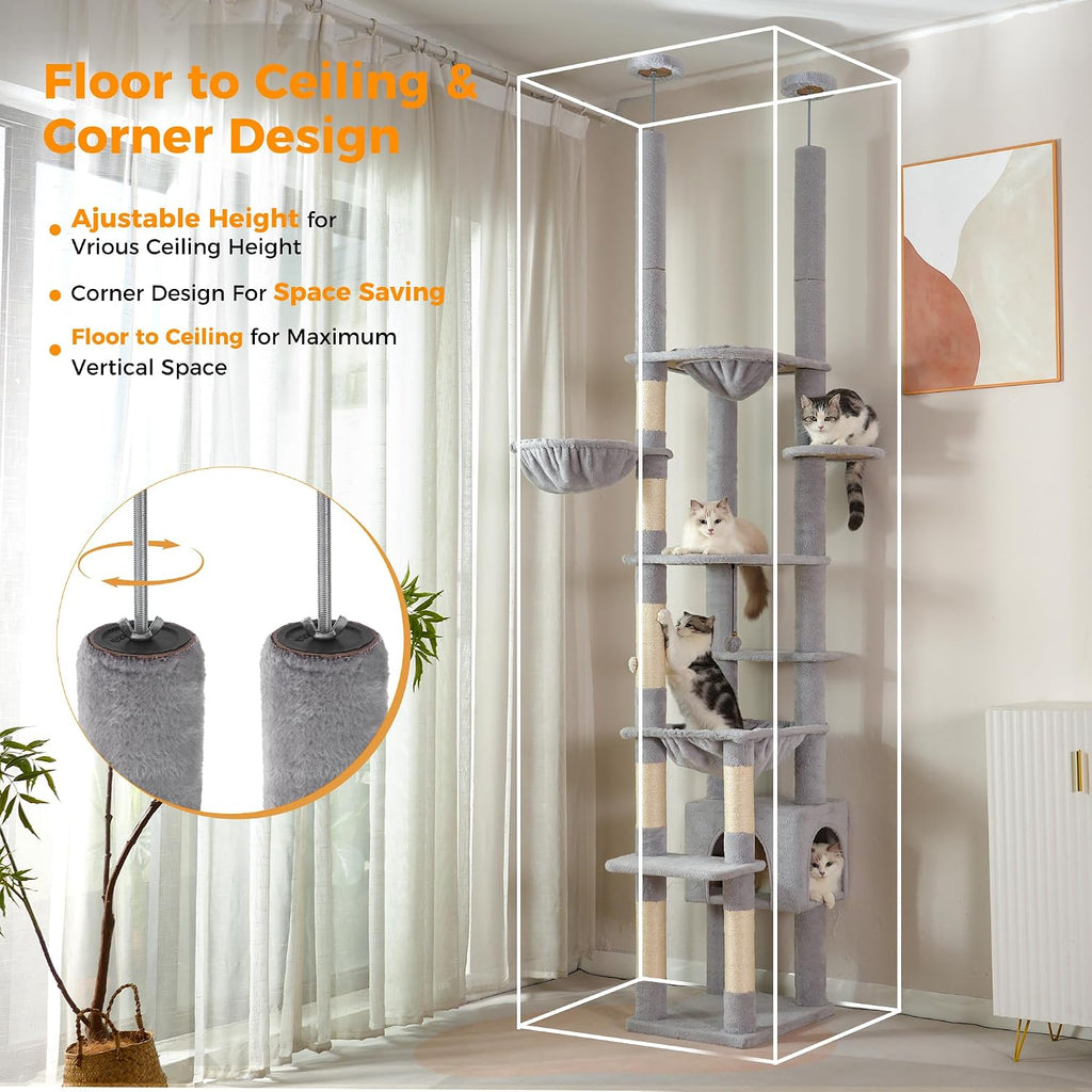 Floor to Ceiling Cat Tree Dual Posts, Adjustable Height 88.9-109"
