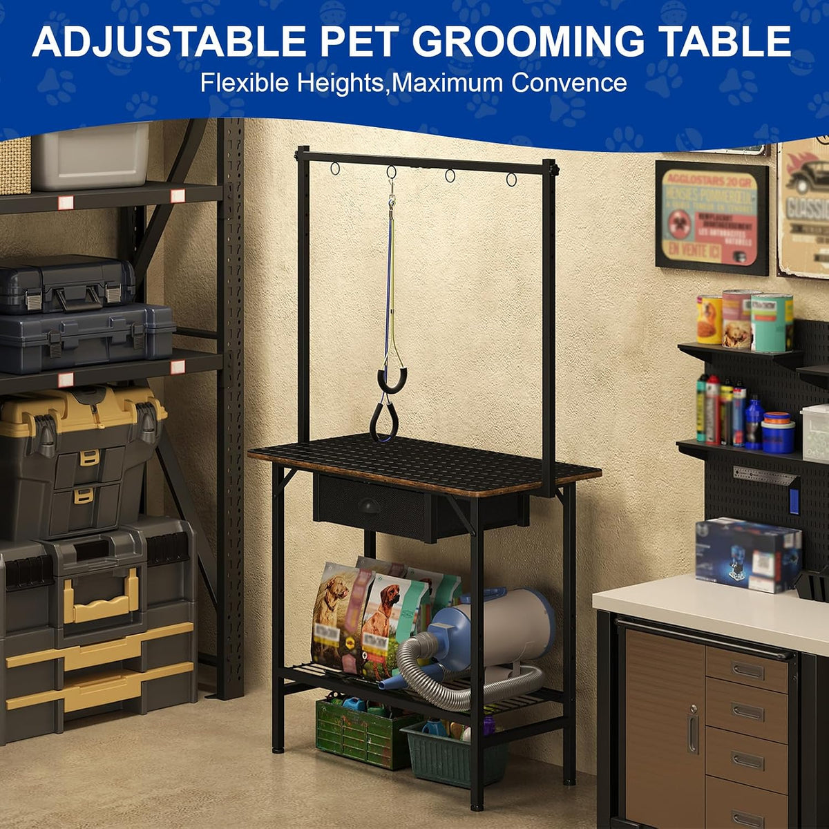 32 Inch Adjustable Dog Grooming Table with Drawer & Non-slip Removable Mat
