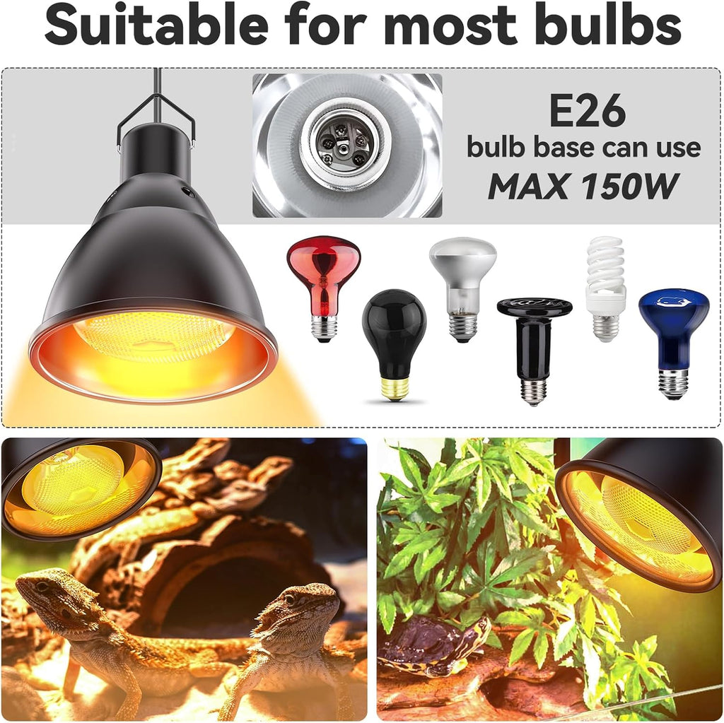 Reptile Light Fixture,7inch Deep Dome Reptile Light Fixture with 3/6/12 Timer, Infrared Reptile Heat Lamp Max 150W Blub, for Turtle Bearded Dragon Lizards Snake（1PCS 150W Bulb Included）