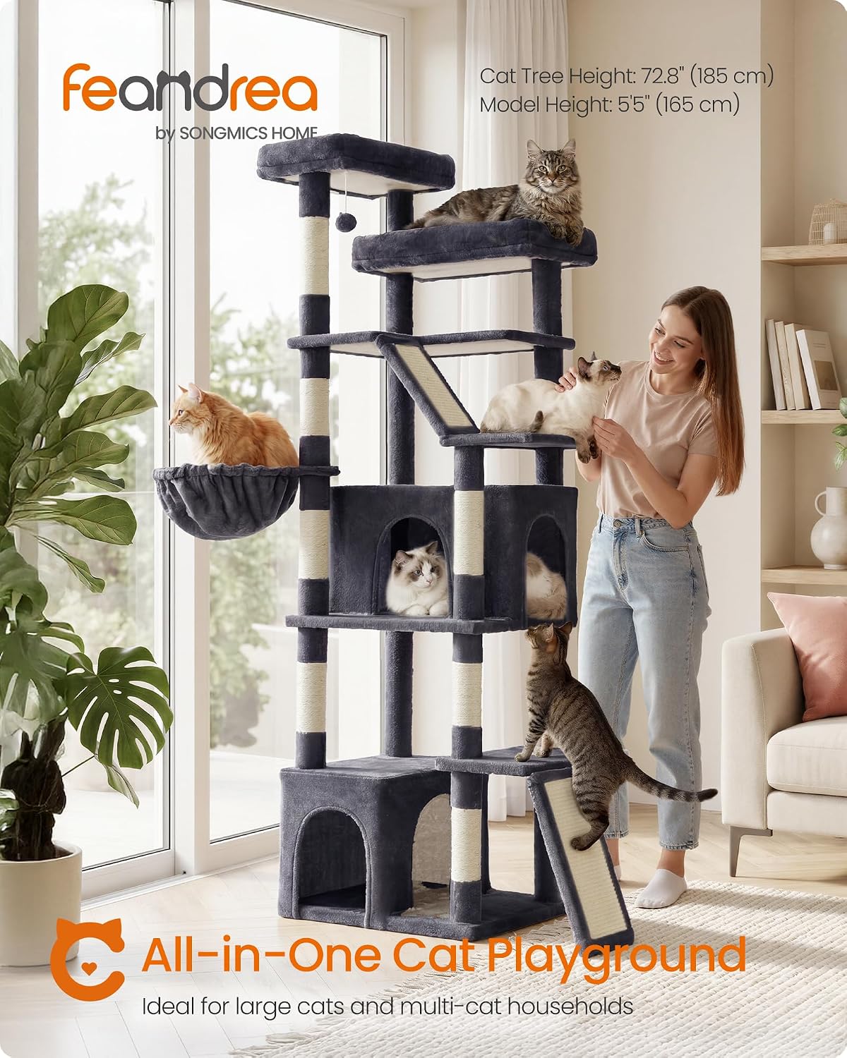 Feandrea Large Cat Tree, 72.6" Tall Sturdy Cat Tower for Indoor, Dark Gray