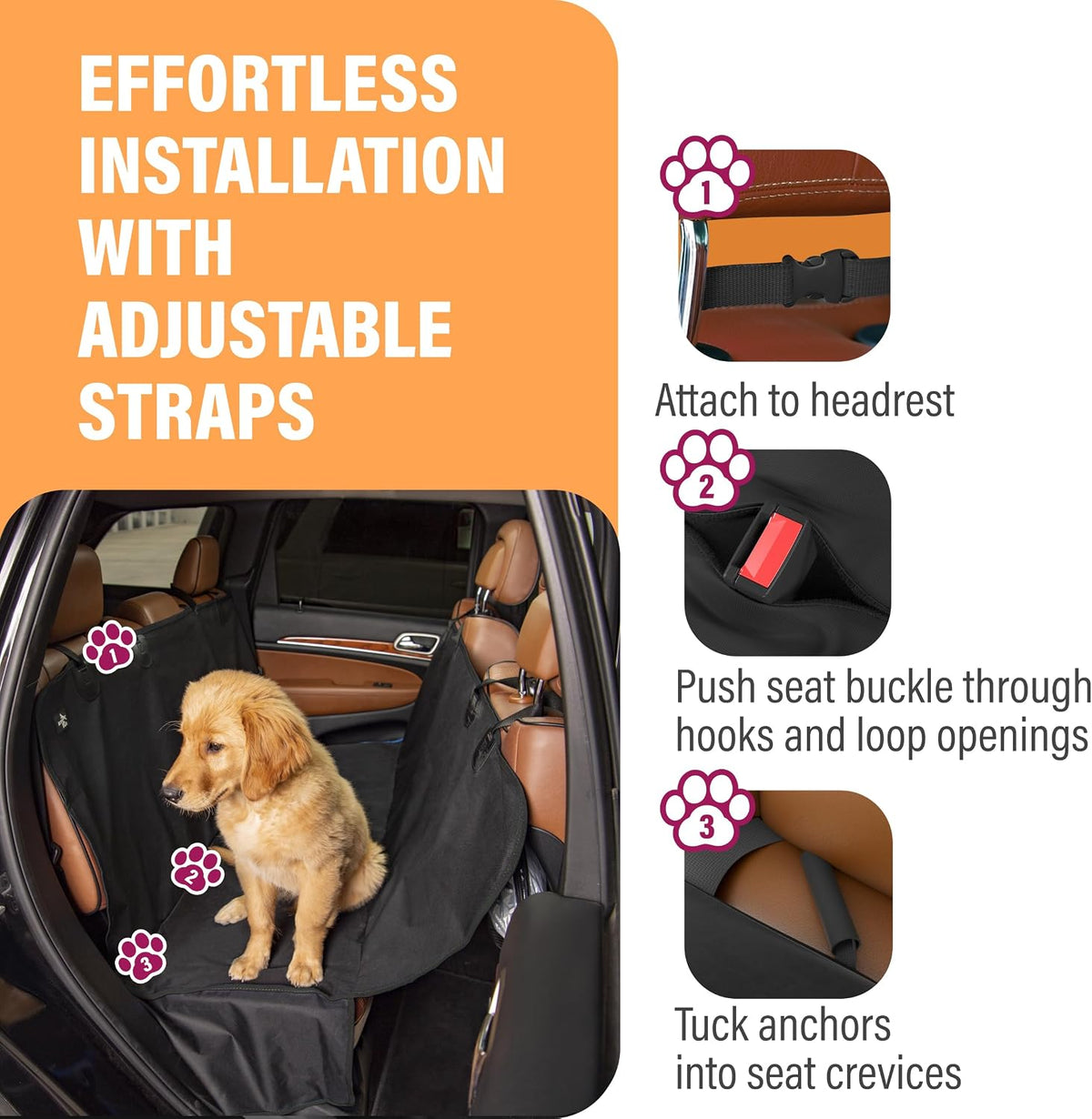 Active Pets Waterproof Hammock Standard Car Seat Cover, Fits Sedans Hatchbacks Crossovers Coupes Compact Vehicles, Secure Convertible Travel Bed Protects Backseat Cargo from Dogs, Black w/Blue Trim