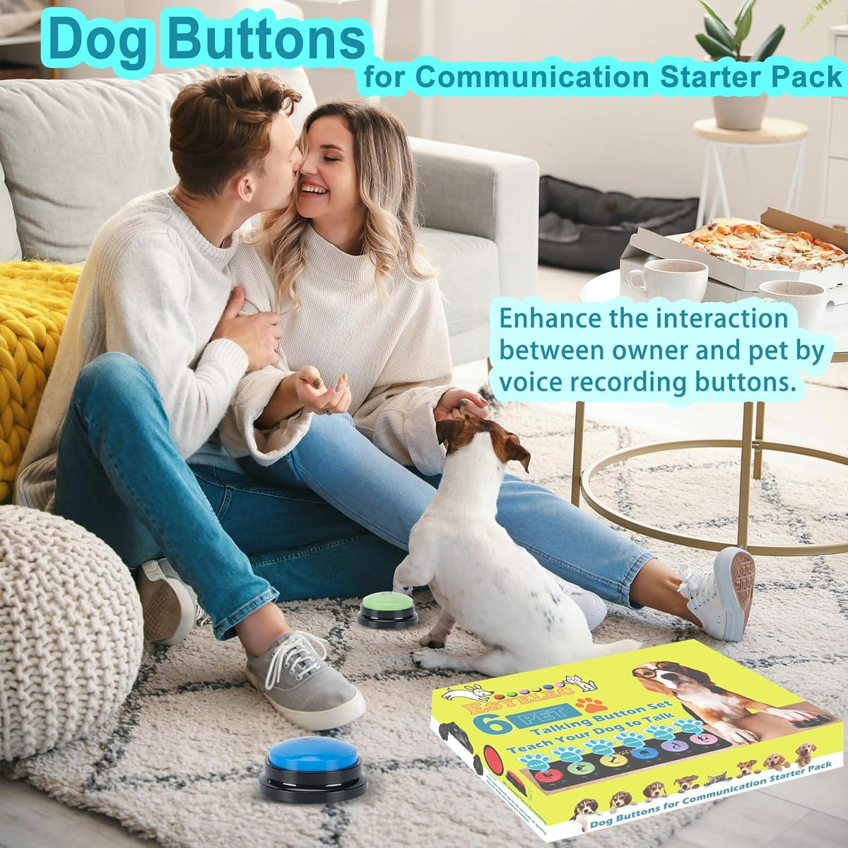 6 Pcs Dog Talking Button Set, Dog Buttons for Communication 30s Voice Recording Speaking Button Pet Speech Training Buzzers with 30 Scene Stickers and Waterproof Anti-Slip Mat for Animal Training